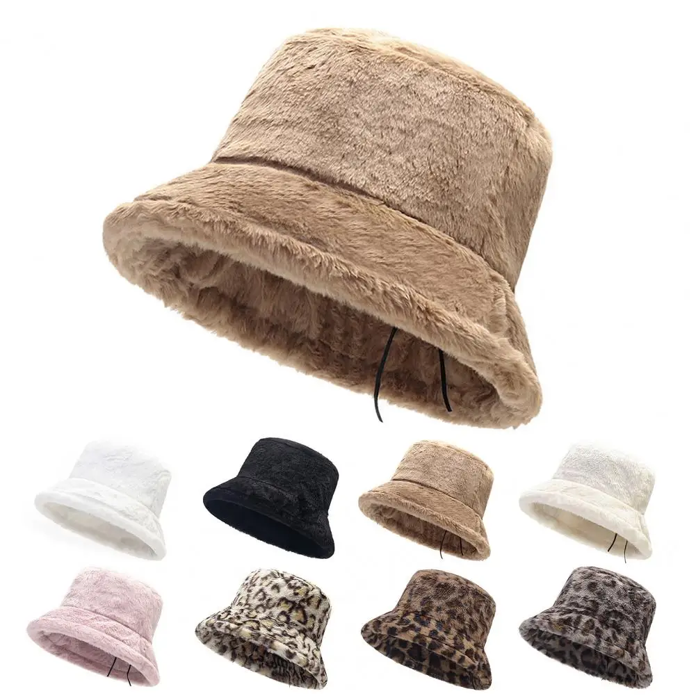 

Thickened Women Hat Women's Winter Leopard Print Plush Bucket Hat Soft Adjustable Windproof Headwear for Cold Weather Stylish