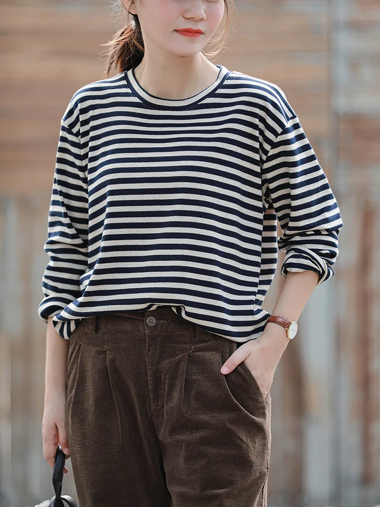 

Мягкая, удобная женская футболка из смесового хлопка в полоску, с длинным рукавом, базовая, приталенная, синяя, повседневная, свободного кроя, с круглым вырезом