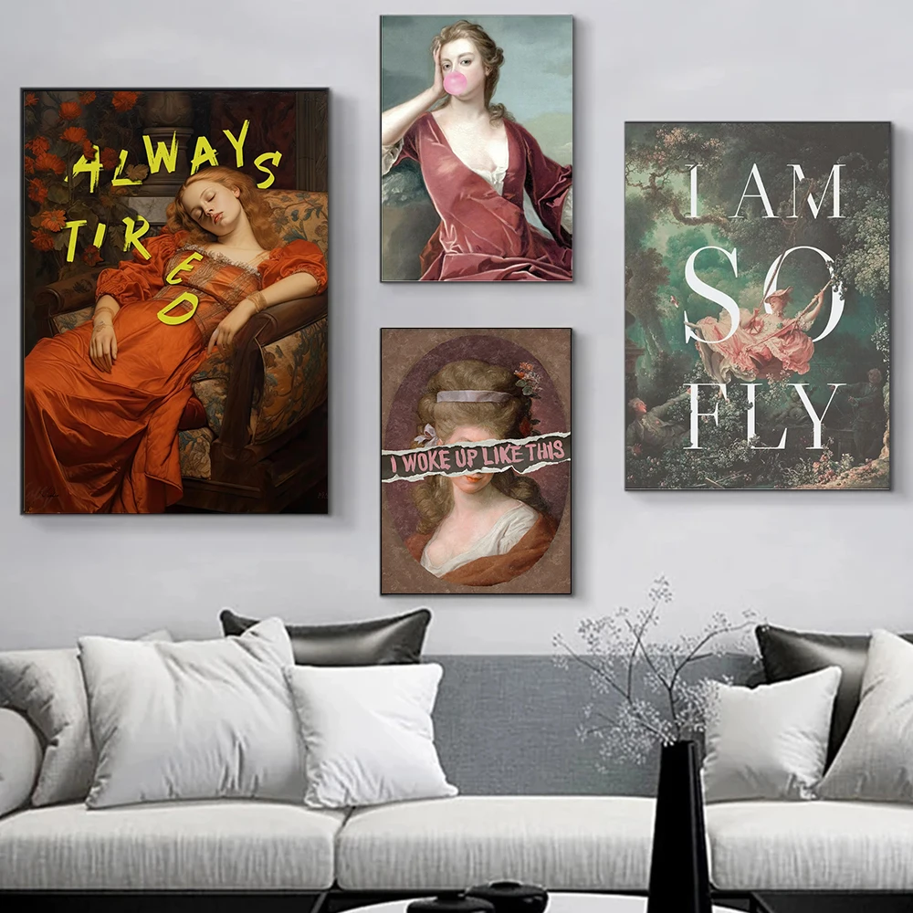 Funny Altered Vintage Portrait Flowers Quotes Canvas Painting Female Graffiti Posters Prints Gallery Wall Art Home Decor Cuadros