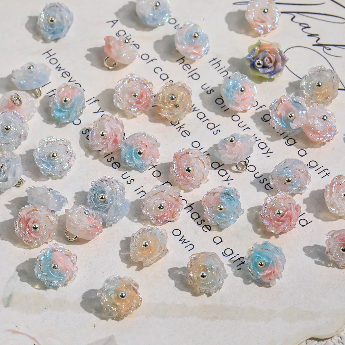 10PCS 9mm Mini Pastel Shiny Flower Rose Pendants Dangle Charms for Handmade Bag Decor, Hair Accessories Craft Beading Projects