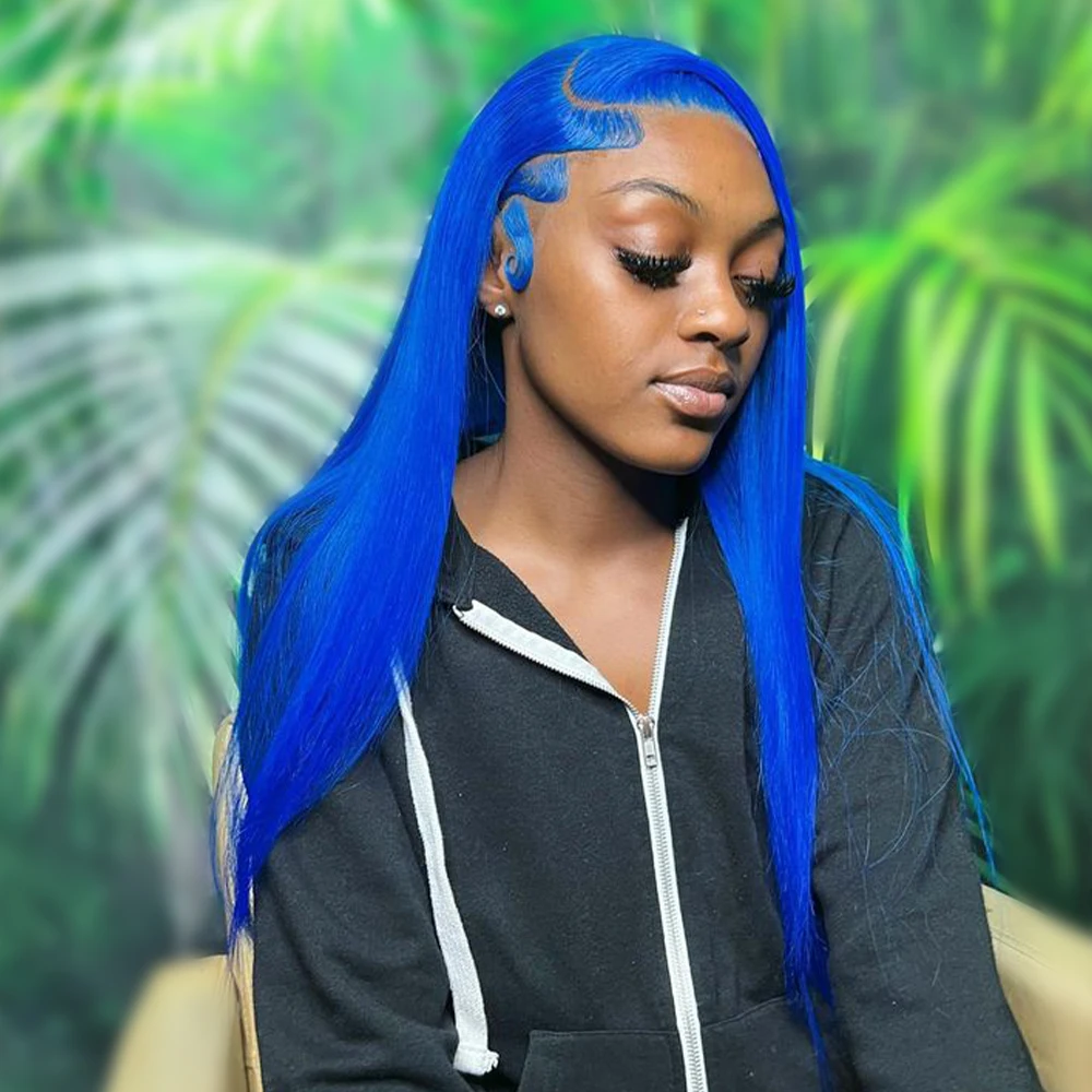 

Transparent 13x4 13x6 Lace Frontal Wig Blue Color Straight Human Hair Wig For Women Remy Preplucked T Part Lace Wigs 250 Density