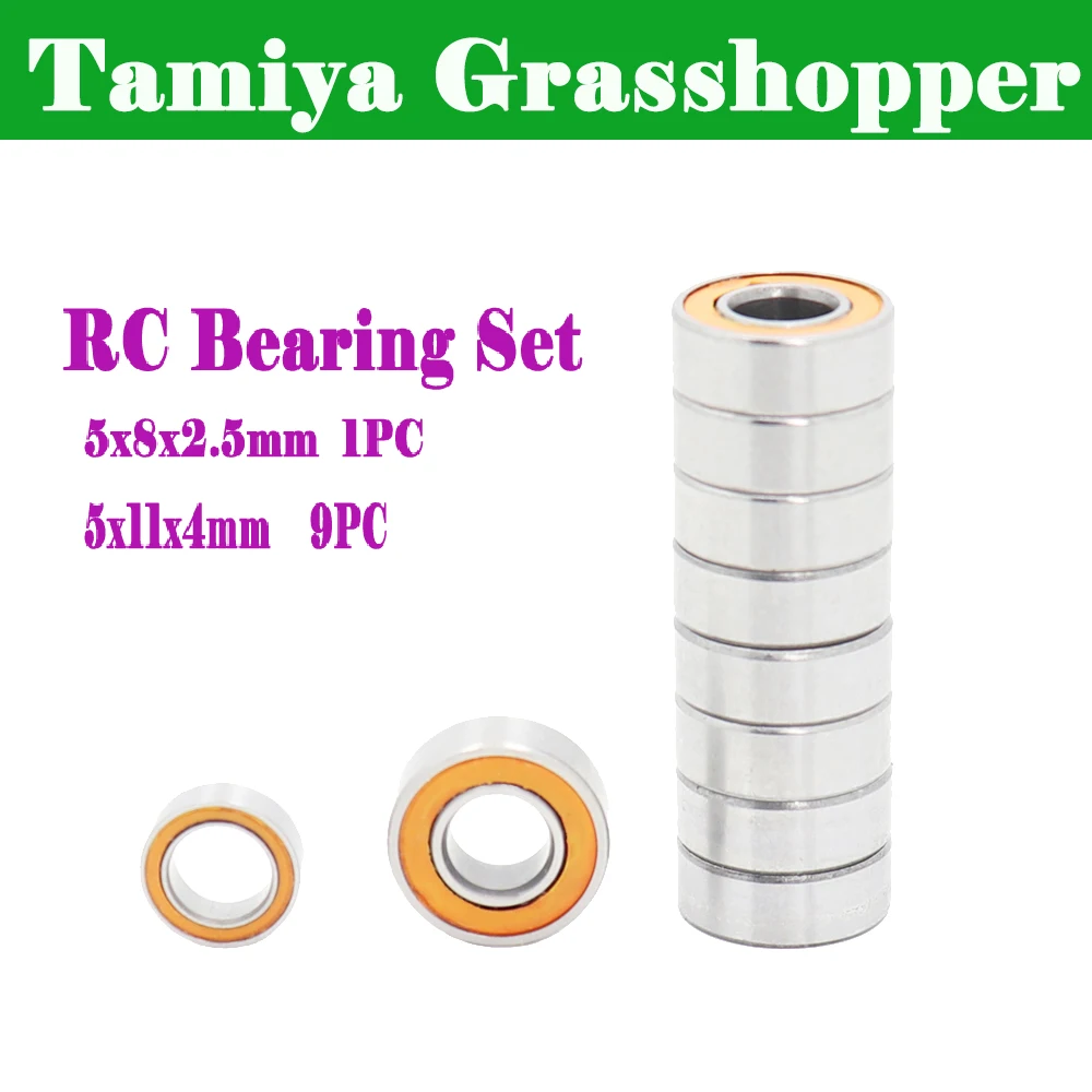 Tamiya Grasshopper/Hornet Precision Ball Bearing Kit  5x11x4mm 9pcs, 5x8x2.5mm 1pc  Orange Rubber Sealed