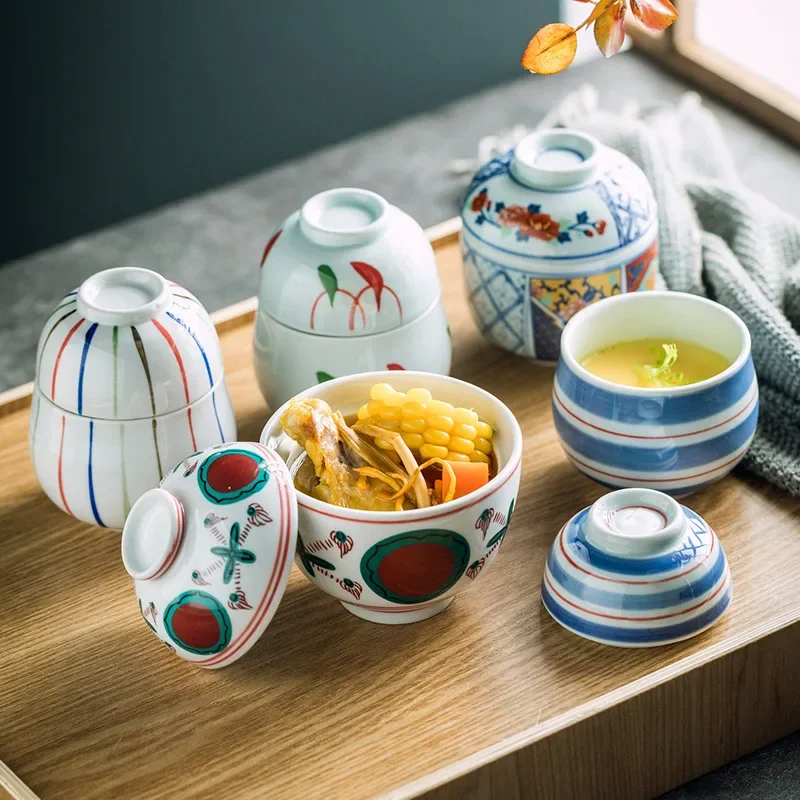 Hand-painted stew pot Japanese ceramic with cover bowl bird's nest dessert Hotel commercial small soup