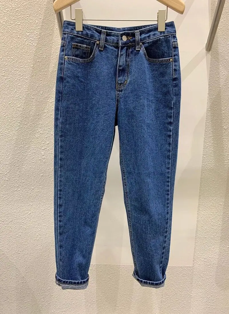 

High Waist Elastic Loose Straight Leg Jeans Women's Spring Autumn Slimming Small Size Nine Point Retro Sle Cotton Stretch D...