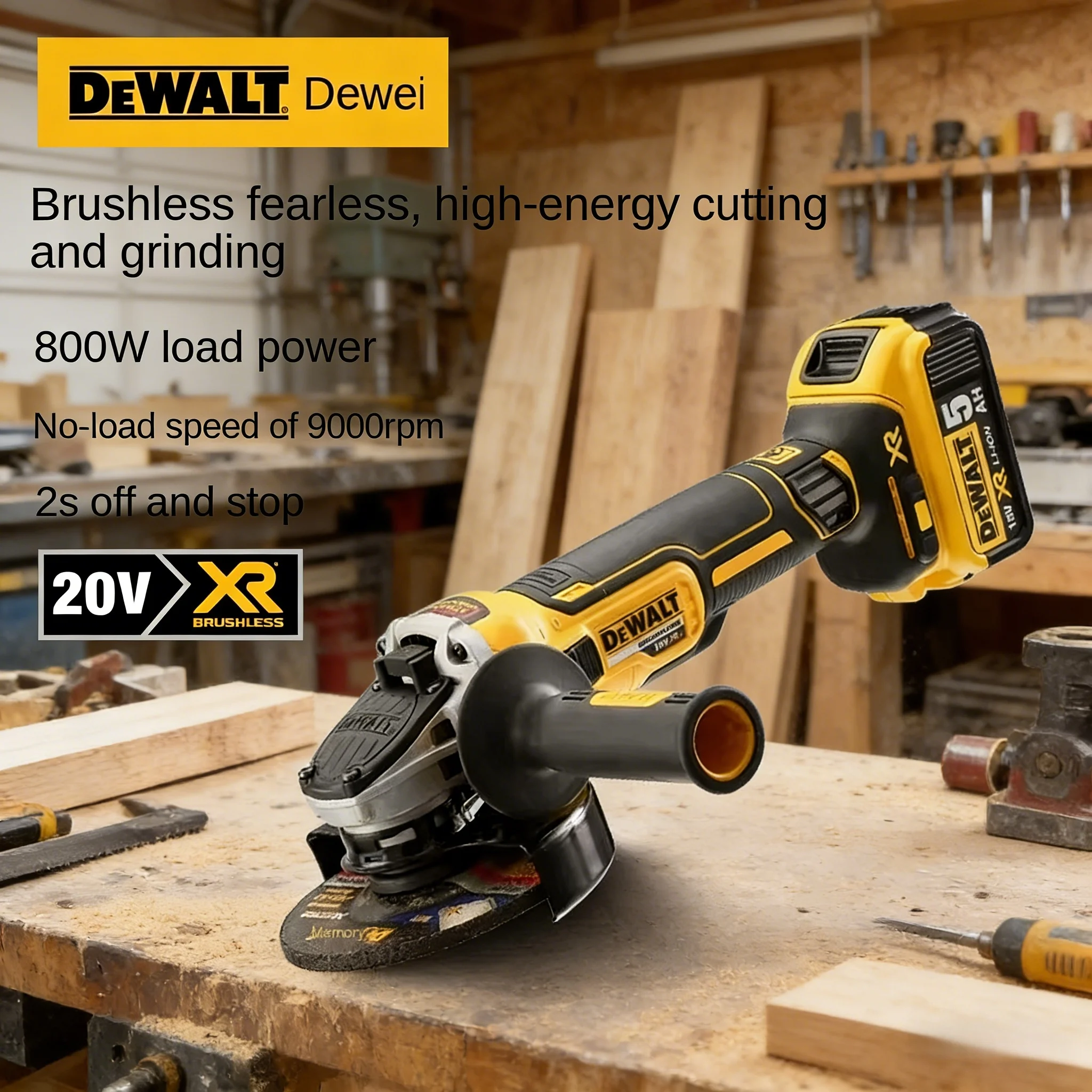 DEWALT DCG405 Esmerilhadeira angular de cabeça plana de 125mm, máquina de corte para ferramentas sem escova com bateria DEWALT 20V.