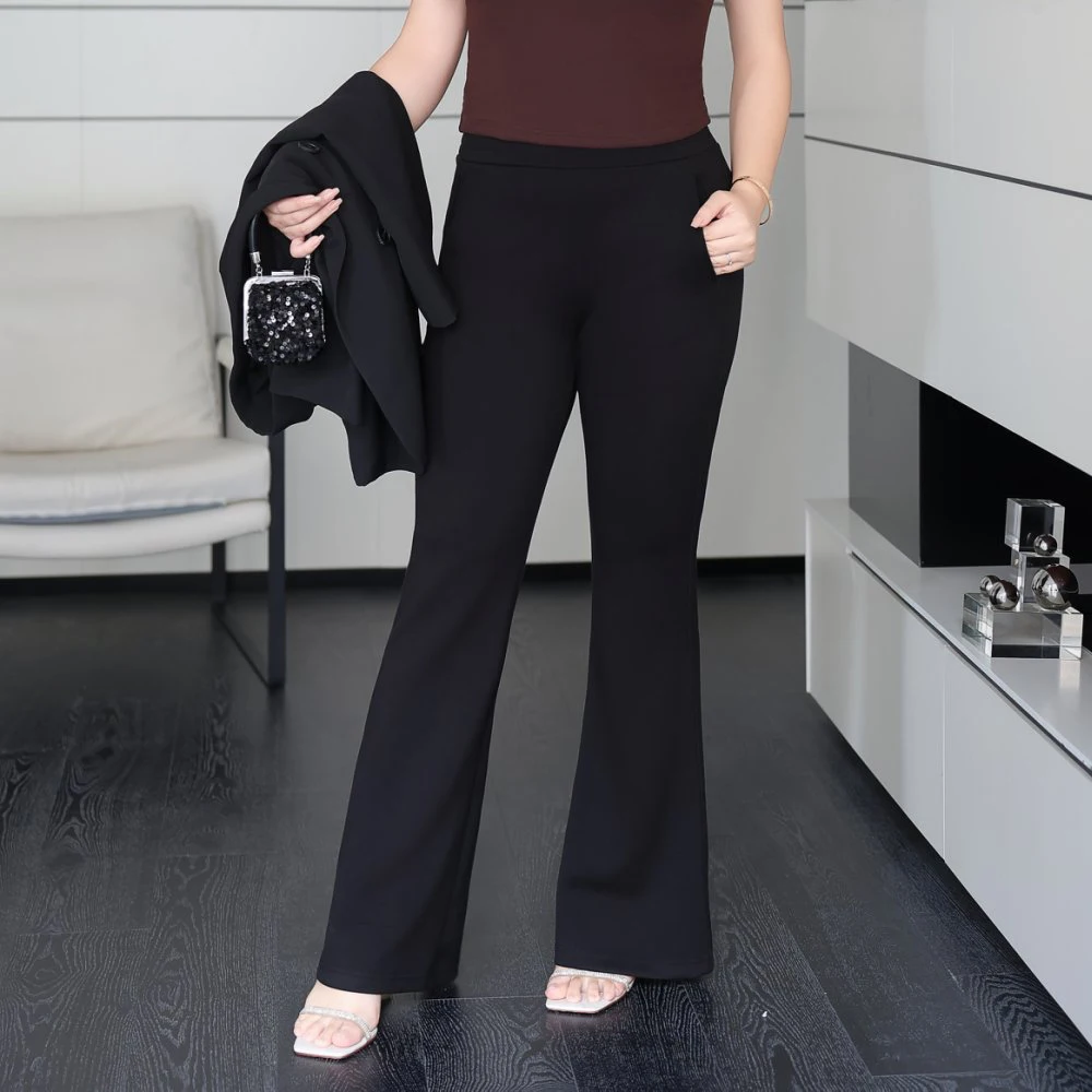 

Women's Plus Size High Waisted Flared Pants - Premium Black Draped Slim Fit Floor-Length With Sexy Casual Trousers