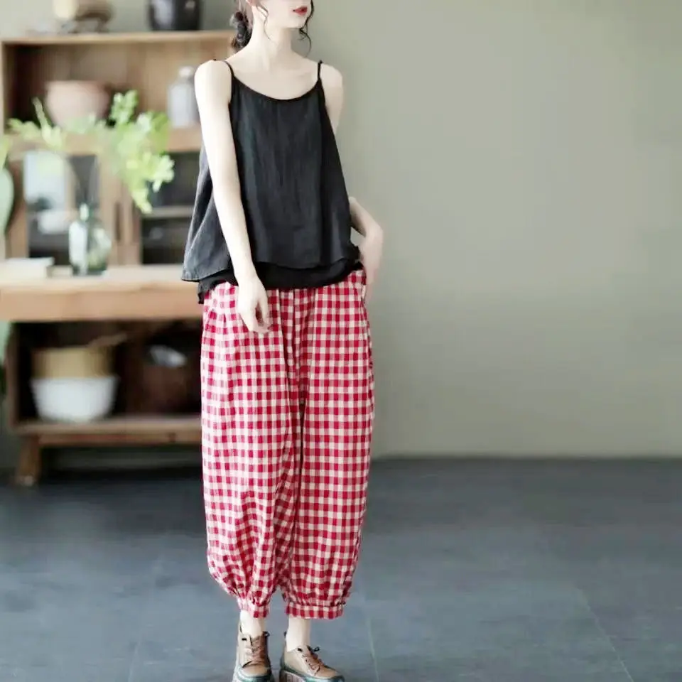 2022New Spring Vintage Plaid Flax Loose High Waist Bloomers Women\'s All-match Pocket Thin Elastic Waist Harem Femme Casual Pants