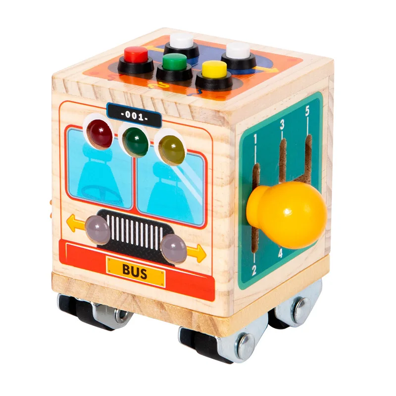 

Montessori children's wooden busy block small car light steering wheel gear hands-on ability puzzle toy