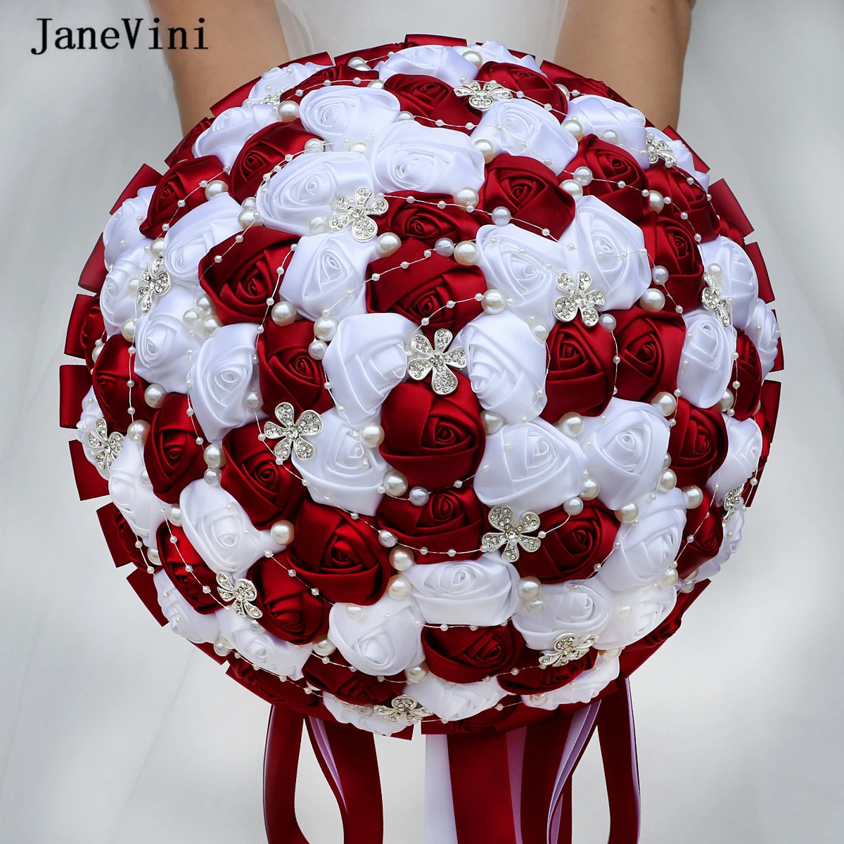 JaneVini Luxury 30cm Large Bridal Bouquets Burgundy White Flowers Artificial Satin Roses Bride Fake Bouquet Wedding Accessories