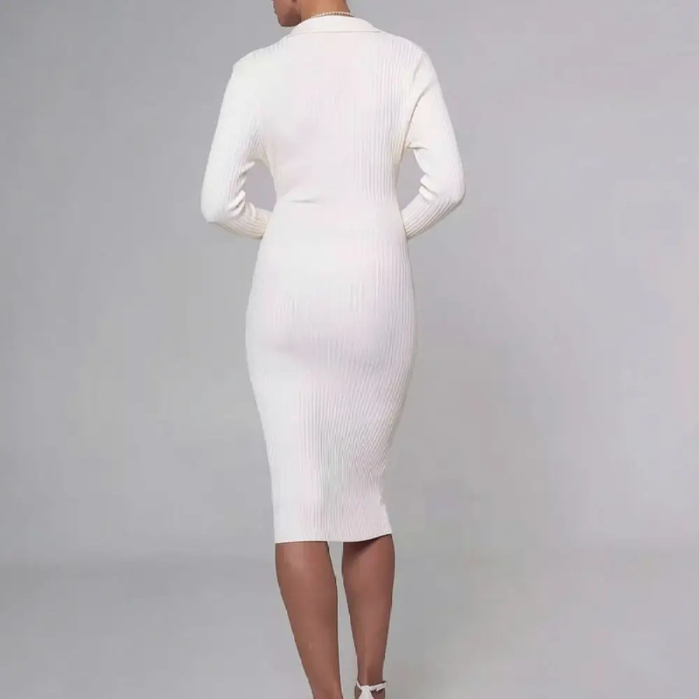 Women Autumn Knitted Dress Vintage Polo Collar Long Sleeve Slim Bodycon Sweater Dresses Elegant Casual Office Knit Wear