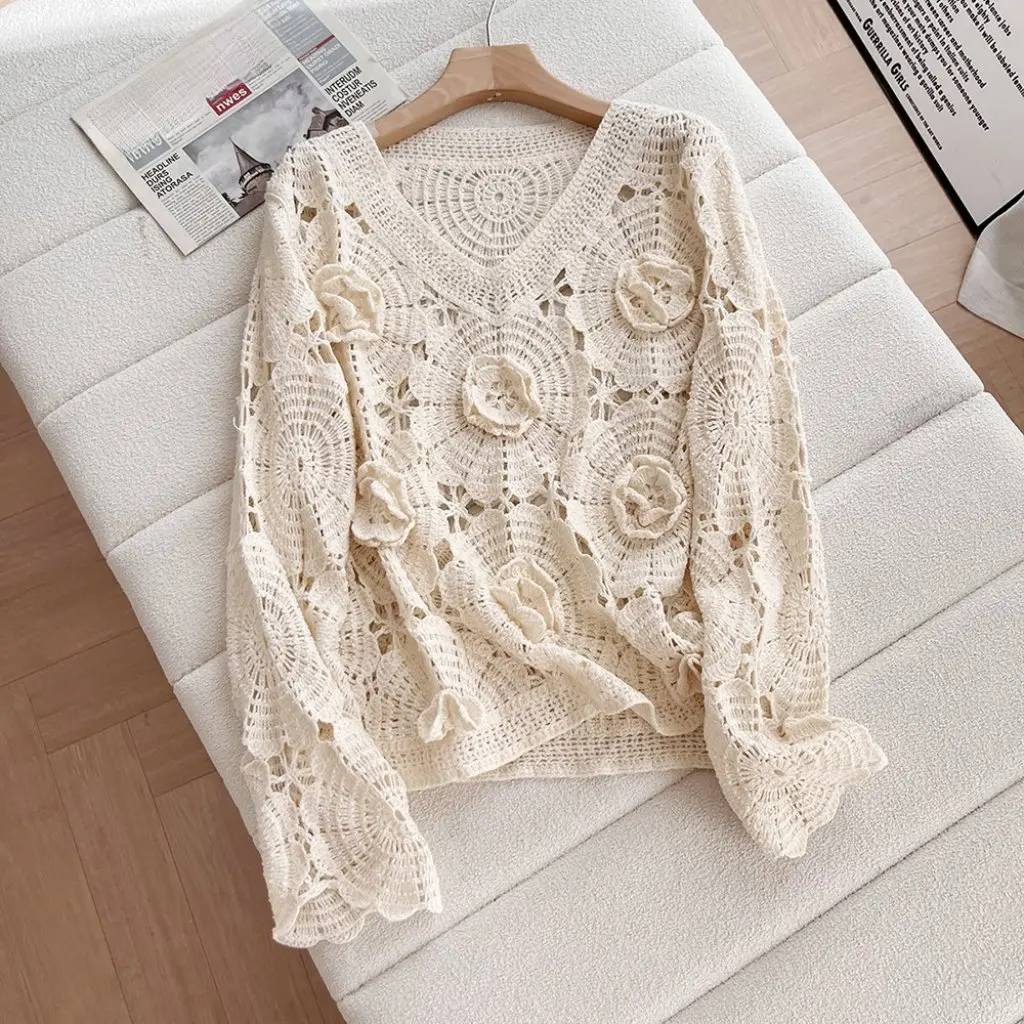 

Camellia Knitted Sweater V-Neck European American Style Women's Autumn Wear Artistic Hollow Design Wholesale