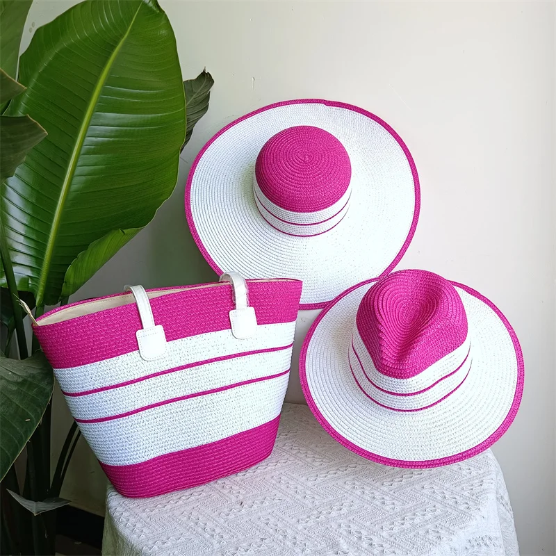 Large round neck yellow straw hat beach hat Women\'s hat New flat top straw hat Summer beach travel essential sun hat