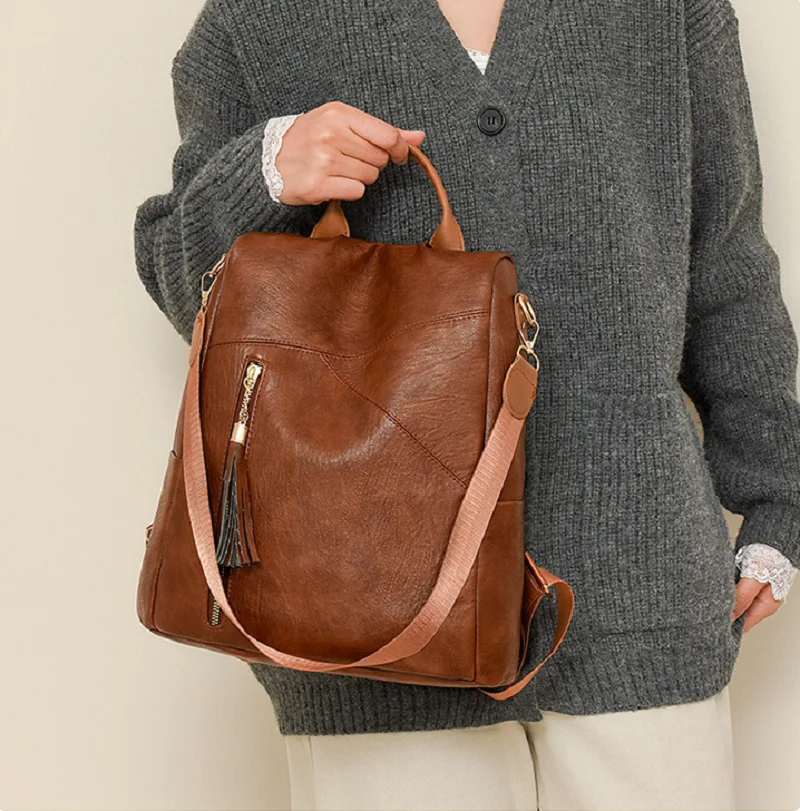 2026 New Fashion Classical Soft Leather Travel Backpacks Women's Tassels Design Large Capacity Shoulder Bags Totes School Bag