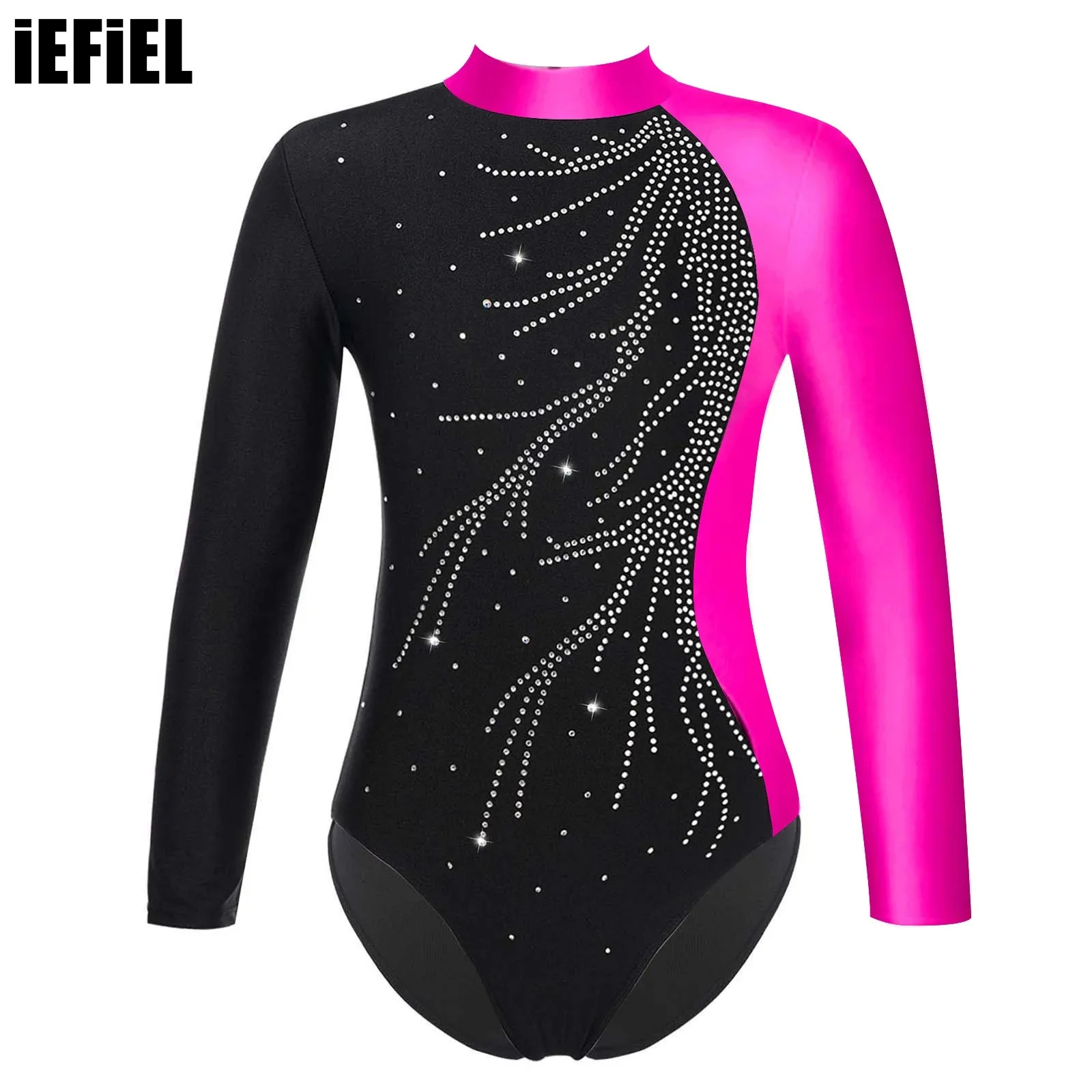 Kids Girls Faux Diamonds Dance Leotard Shiny Adorned Keyhole Back Mock Neck Long Sleeve Ice Skating Ballet Jumpsuit