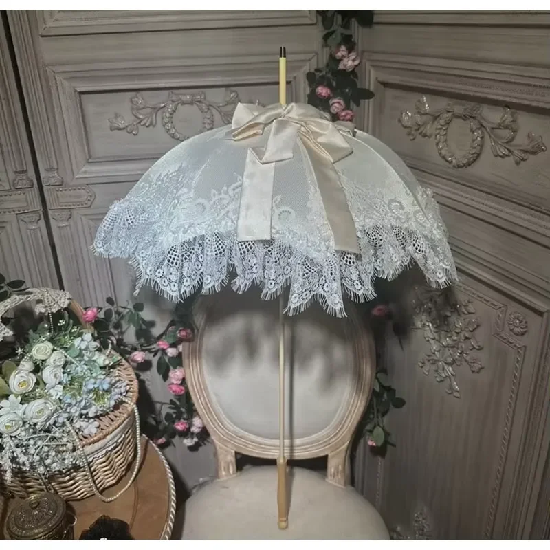 Vintage White Lace Parasol Wooden Handle Handmade Craft Umbrella 8 Ribs 50cm Length European Style for Wedding Photography