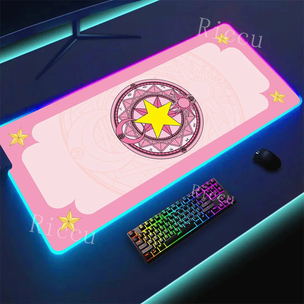 Anime Cardcaptor Sakura Card Large RGB Mouse Pad XXL Gaming Mousepad LED Clow Card MouseMat Gamer Luminous Desk Pad With Backlit