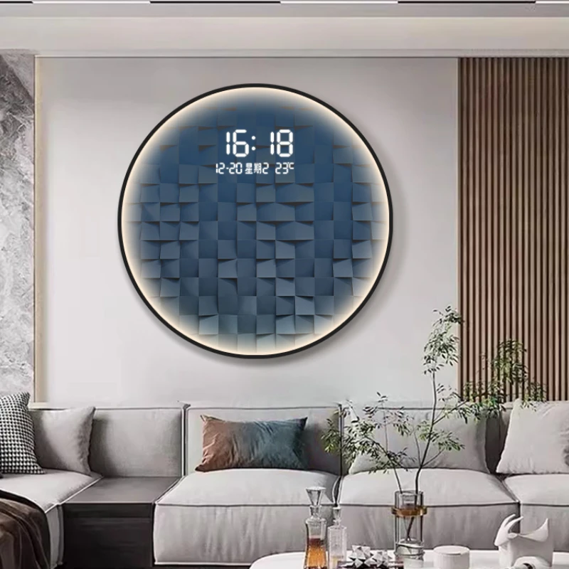 Light luxury gradient square living room decorative painting with LED wall clock restaurant creative light hanging picture clock