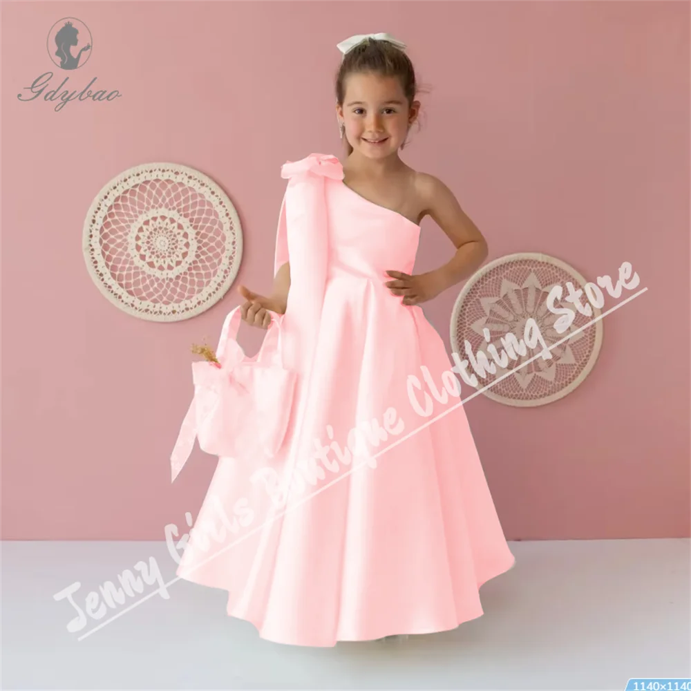 

Pink Satin One Shoulder Flower Girl Dresses With Oversized Bow Beauty Contest Long Elegant Wedding Princess Dress