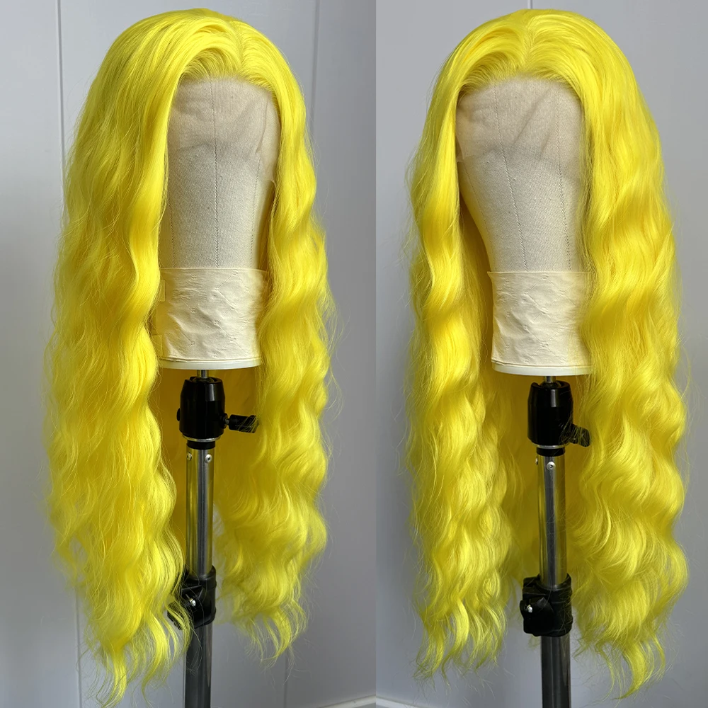 Perruque Lace Front Wig synthétique longue jaune, perruque Loose Wave pour femmes, perruque de Cosplay ondulée naturelle, perruque de fête jaune pour femmes