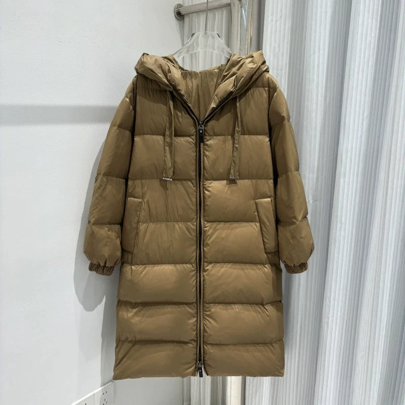 Schinteon – veste longue en duvet de canard blanc pour femme, vêtement d'extérieur doux et chaud et épais avec capuche, couleur unie, nouvelle image réelle, automne hiver 2025