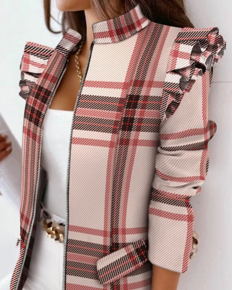 2023 elegante colletto alla coreana Office Lady Blazer Coat donna Plaid Print Zipper top giacca primavera autunno manica lunga Cardigan con volant