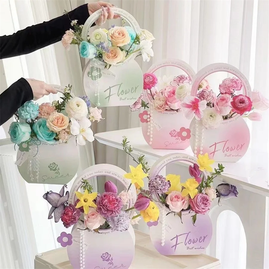 2pcs hand-held flower baskets, round foldable flower packaging box with random ribbon, 2-meter DIY flower arrangement tote bag