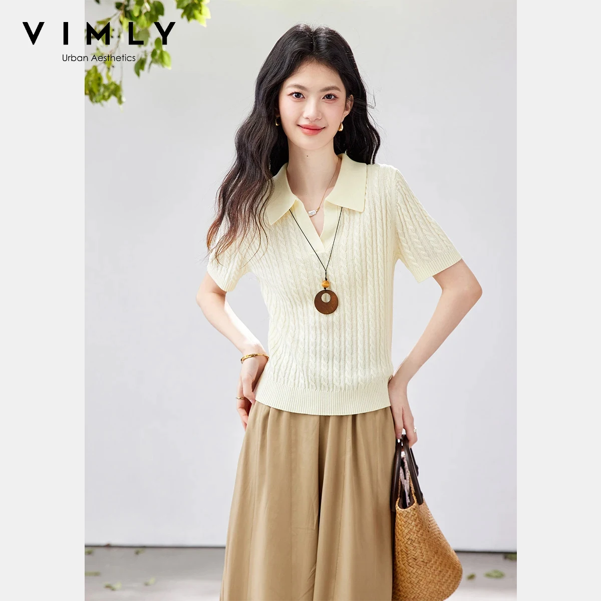 

VIMLY Women's Vintage Cable Knit Textured Top 2026 Summer New Beige Fashion Polo Lapel Collar Casual Short Sleeve T-shirt 75350