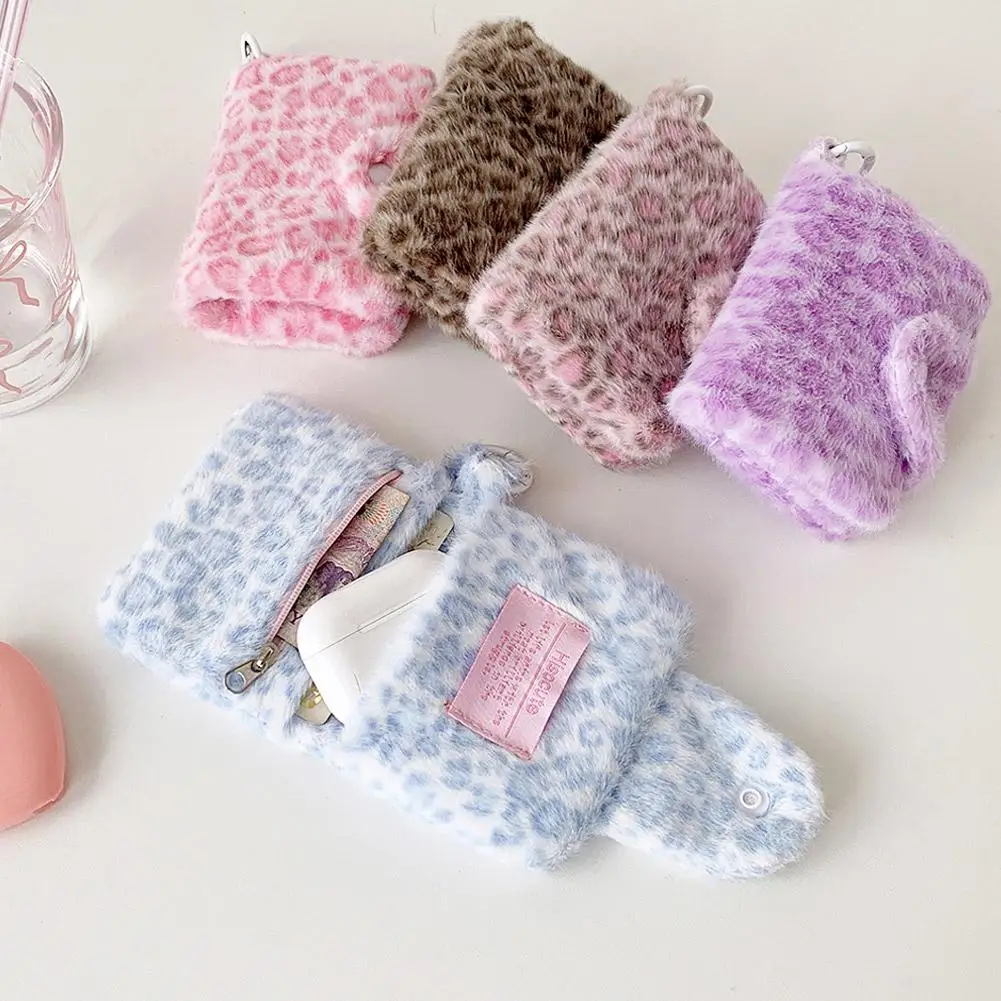 Leopard Print Coin Purse Plush Snap Closure Mini Wallet for Girls Portable ID Card Holder Coin Bag Small Clutch Pocket Wallet