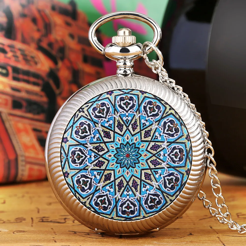 Creatieve Rotable Blauw Hart Bloem Display Quartz Zakhorloge Mode Vintage Ketting Pocket Klok Arabisch Cijfer Ronde Wijzerplaat