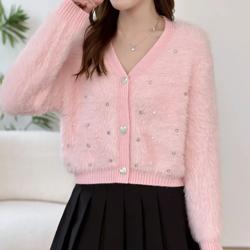 

Imitation Mink Sweater Jacket for Women's Beads Autumn Winter New V-neck Knitted Cardigan Loose Top Short