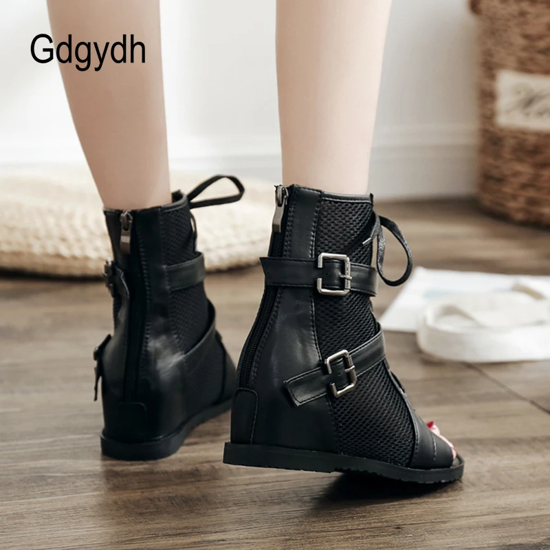 Gdgydh Gauze Anime Cosplay Shoes Women Open Toe Height Increased Summer Boots Woman High Top Belt Buckle Japanese Korean Retro