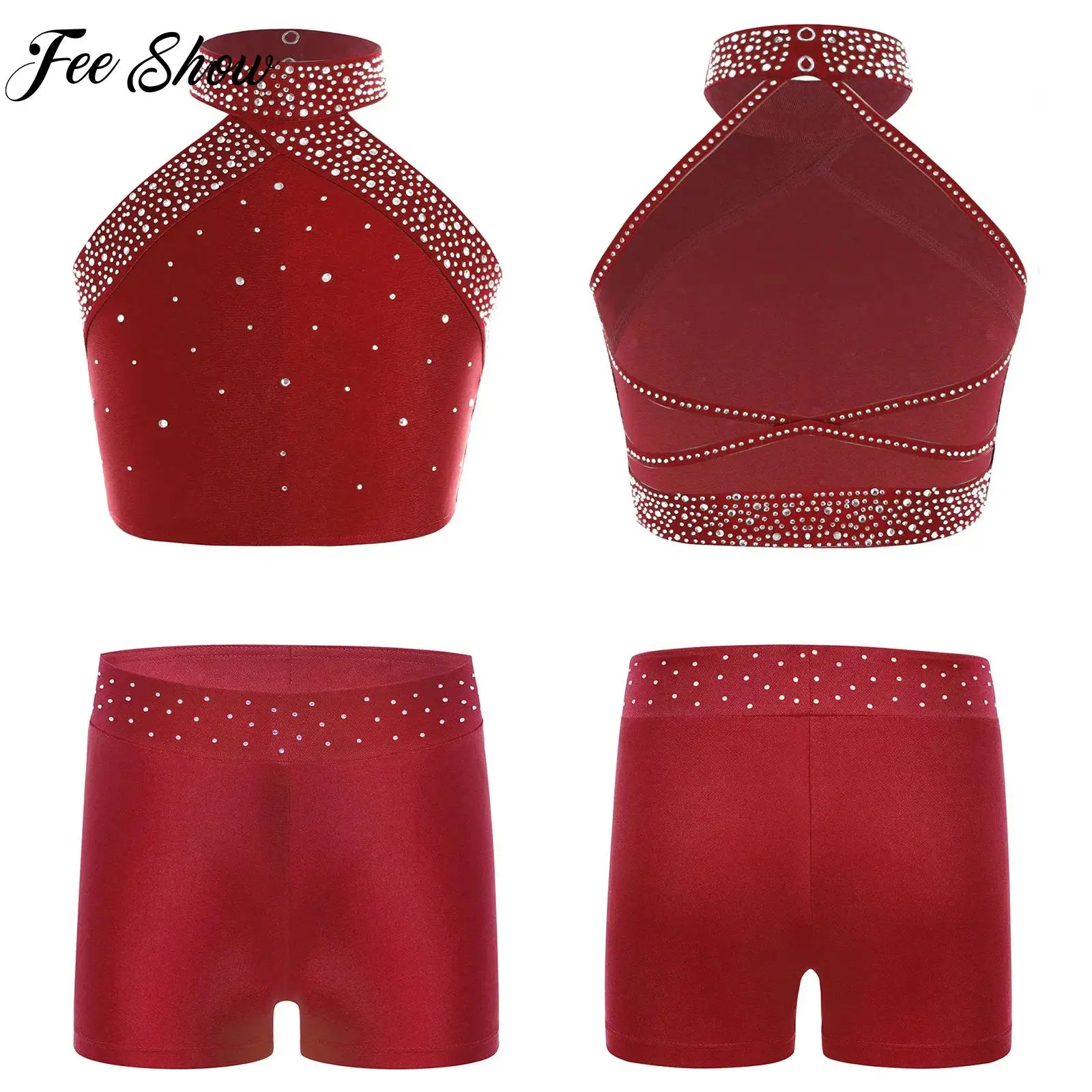 

Figure Skating Dance Outfit for Kids Girls Gymnastics School Show Set Halter Neck Sleeveless Vest with Shiny Rhinestones Shorts