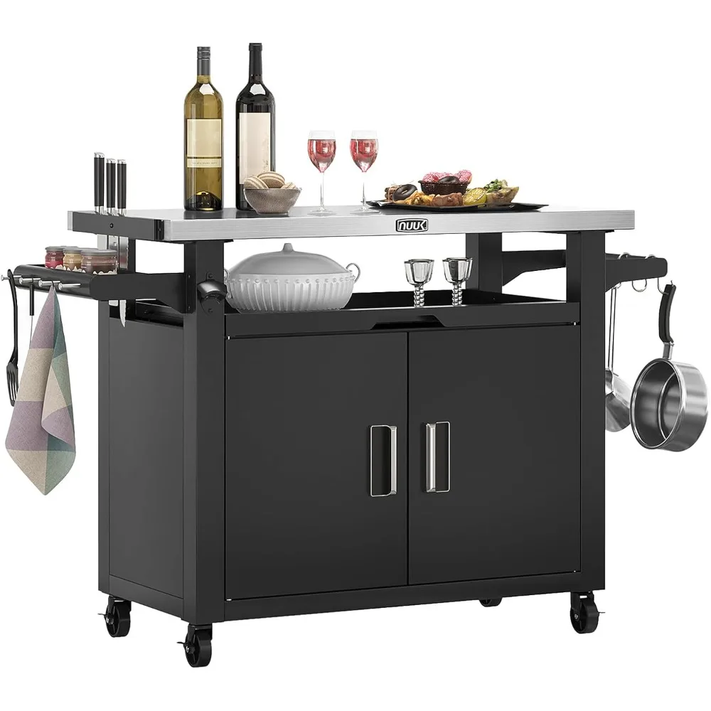 Outdoor Grill Cart with Storage Cabinet Metal Kitchen Island Prep Table with Movable Universal Wheels