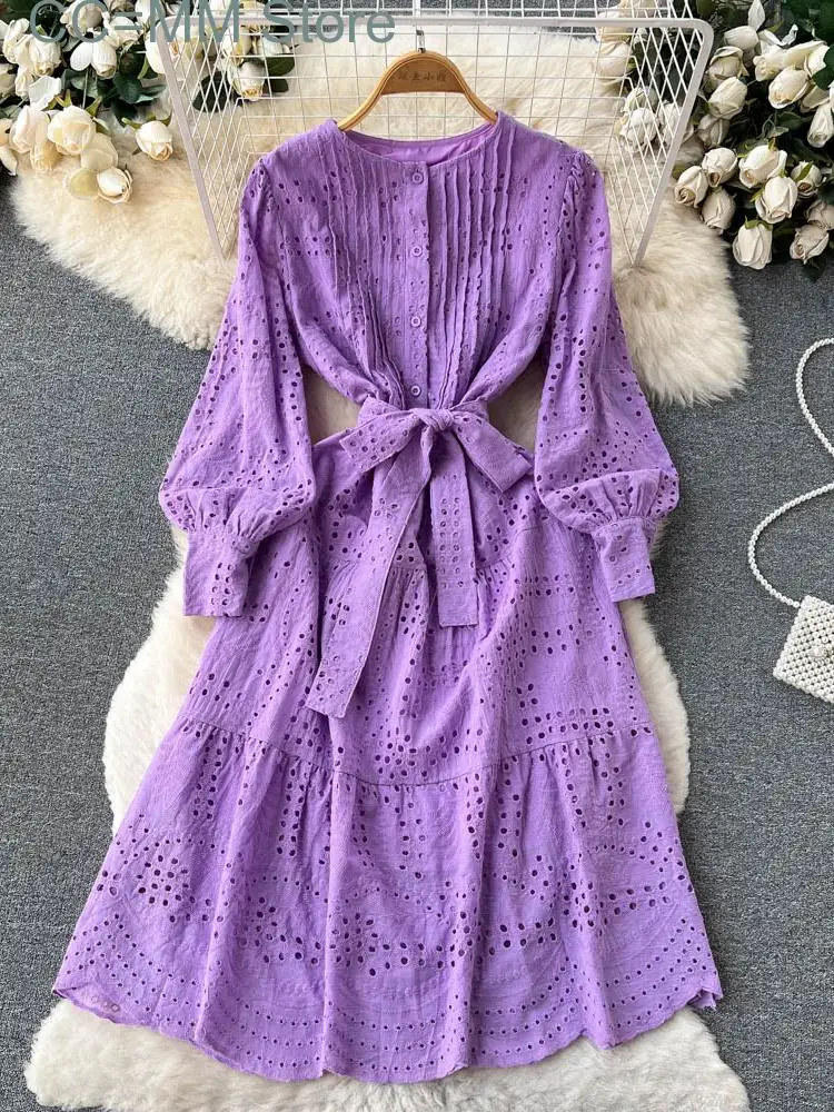 New Women's Hollow Out Dress Purple Lace Up Slim Elegant Dress Vestido Temperament Sweet Korea Chic Spring Summer