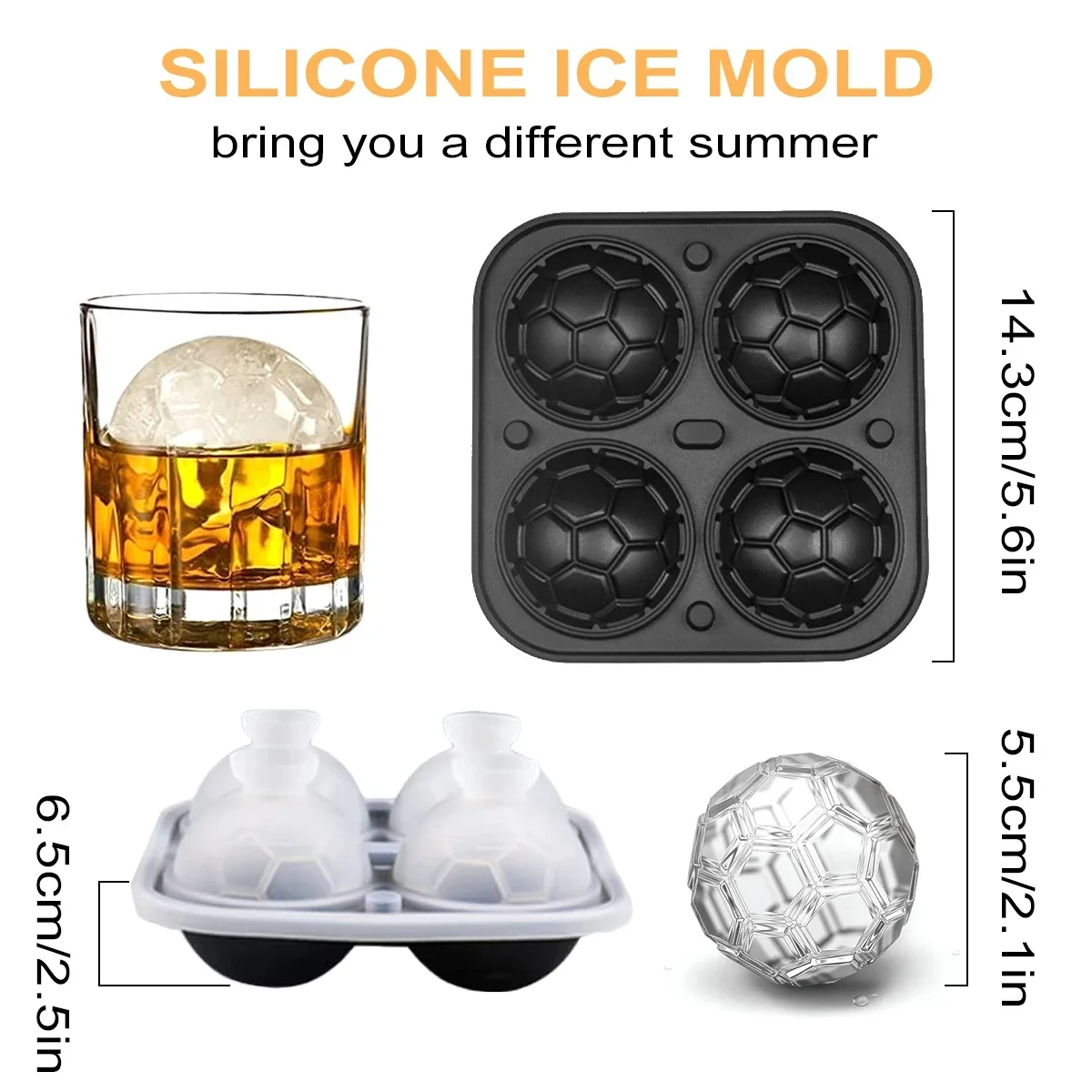 1Pc Soccer Ice Cube Mold,Silicone Sphere Ice Mold Chocolate Mold with Clear Funnel-type Lid,Make 4 Large Ice Balls for Juice