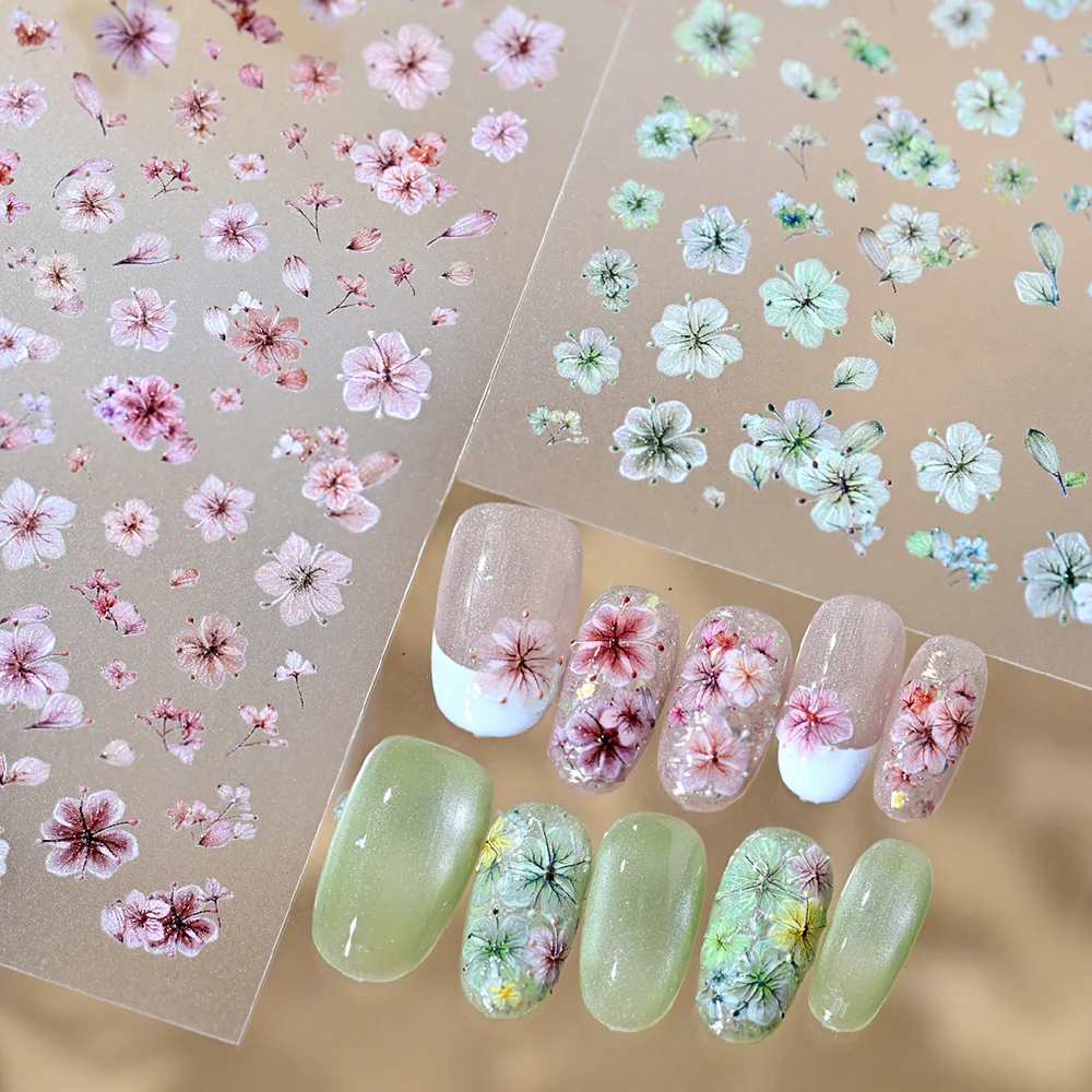 1Pcs 5D Embossed Cherry Blossom Nail Stickers Pink Blue Yellow Purple Sakura Self-Adhesive Nail Decals for Women Spring Manicure
