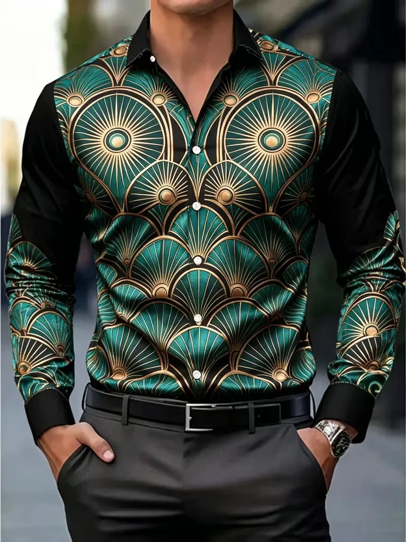 New Gilded Disc Totem Vertical Strip Composite Printed Long Sleeve Shirt with Smooth Drop and Satin Collar for Men