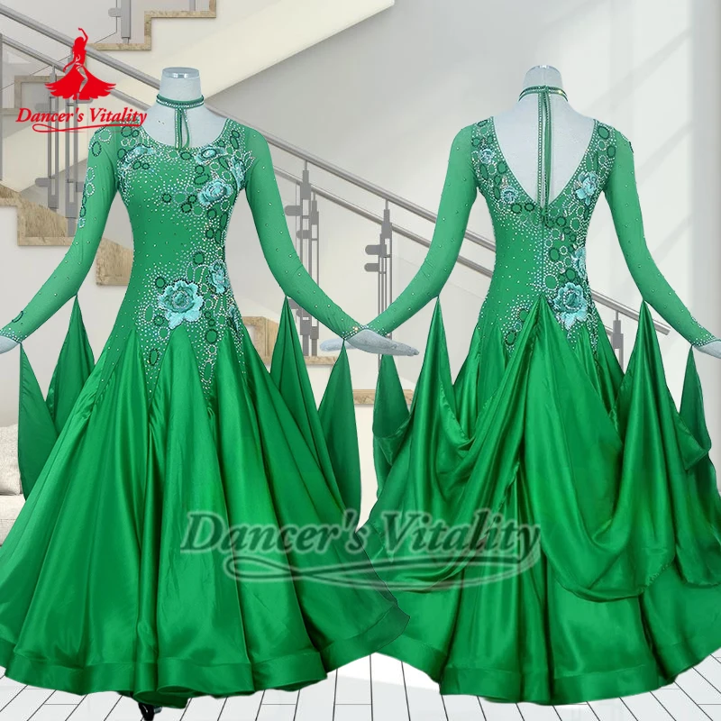 성인용 녹색 긴 소매 브이백 소셜 댄스 전문 드레스 여성용 탱고 왈츠 퀵스텝 의상 맞춤 댄서의 활력