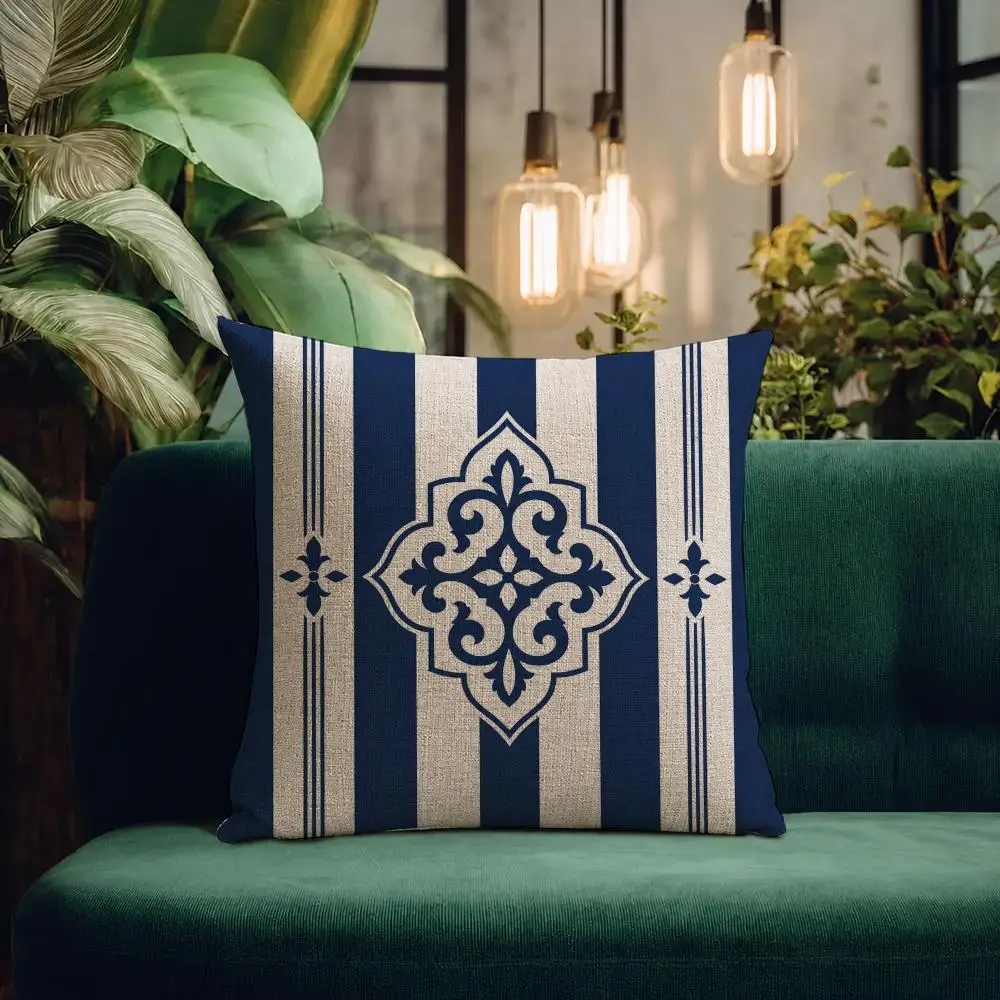 Navy Blue Mandala Nordic Geometric Pillowcase Cushion Cover Natural Linen Pillowcase Set Cushion Cover for Sofa Bedroom Chair
