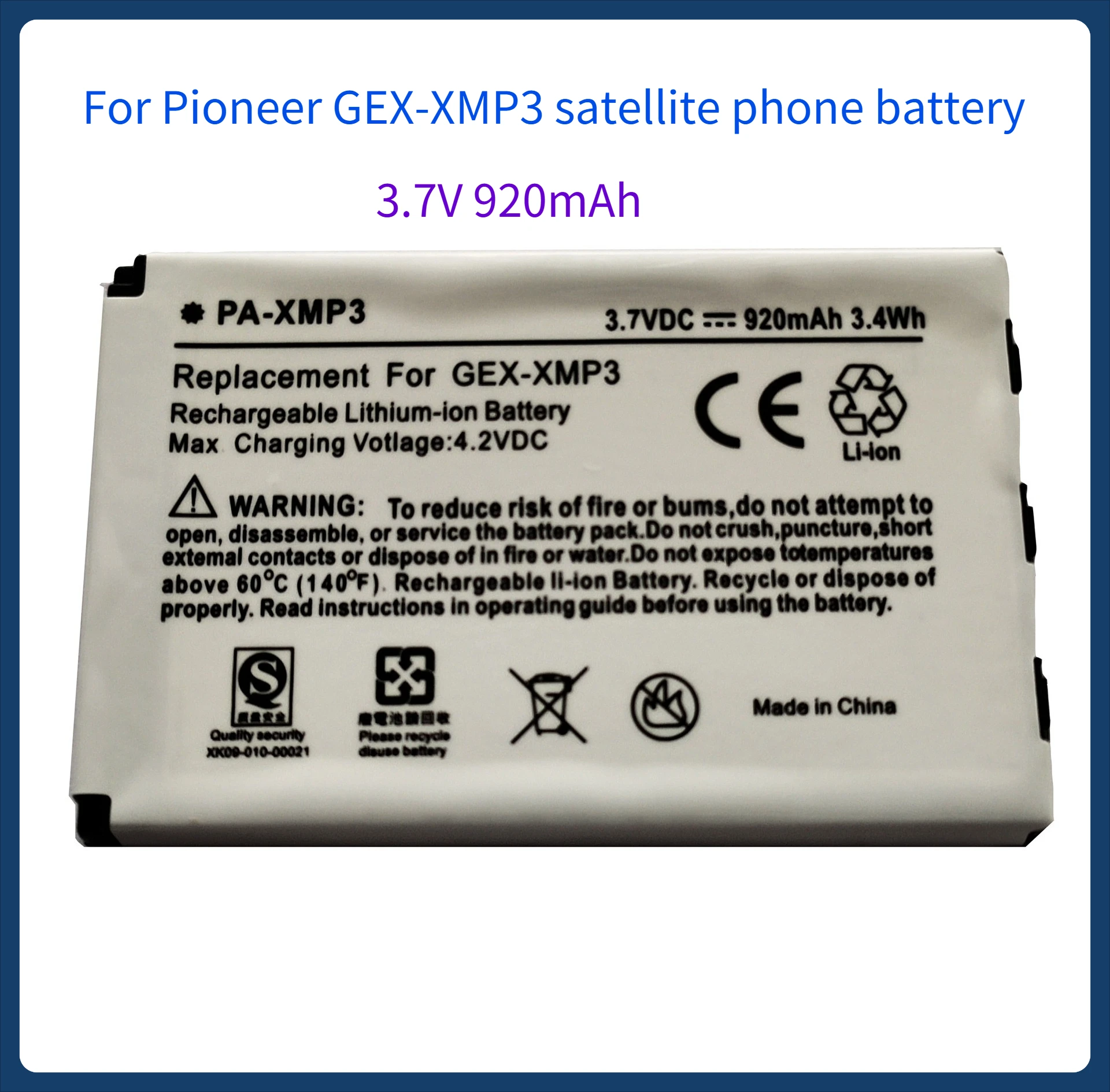 Applicable to Pioneer GEX-XMP3 satellite phone battery XM-6900-0004-00 990552 3.7V 920mAh