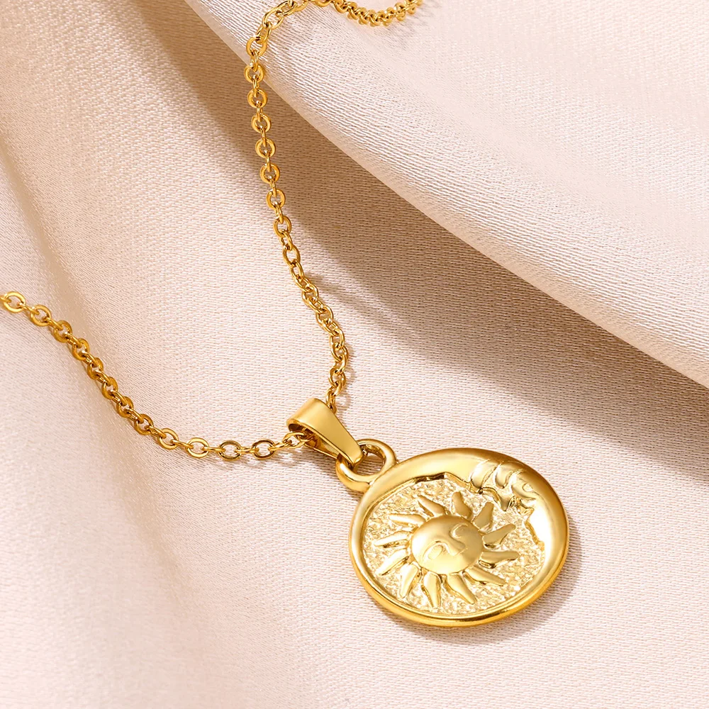 Stainless Steel Sun Moon Coin Necklaces For Women Vintage Gold Color Round Necklace Choker Geometric Jewelry Gifts Wholesale