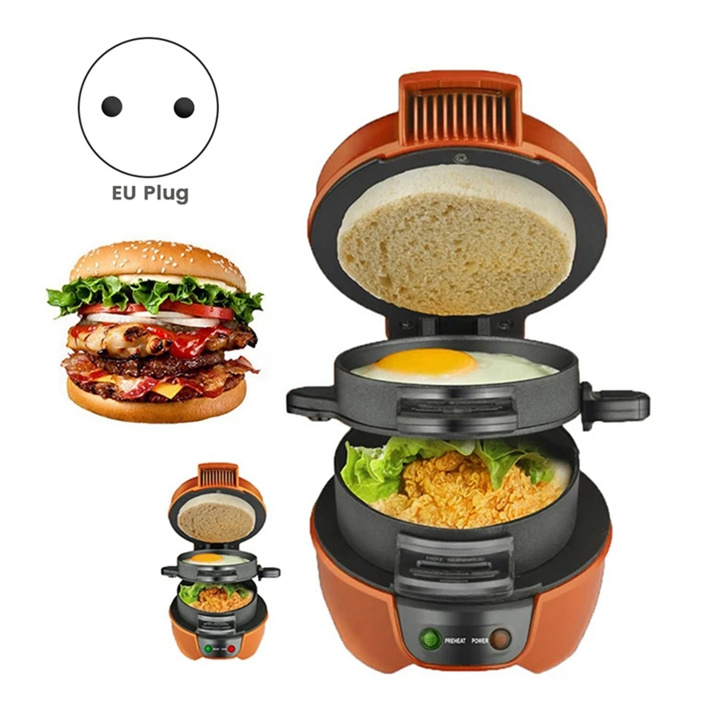 ABBN-Orange Multifunctional Hamburger Maker Bread Machine Home Breakfast Machine Toasting Electric Pancake Maker EU Plug