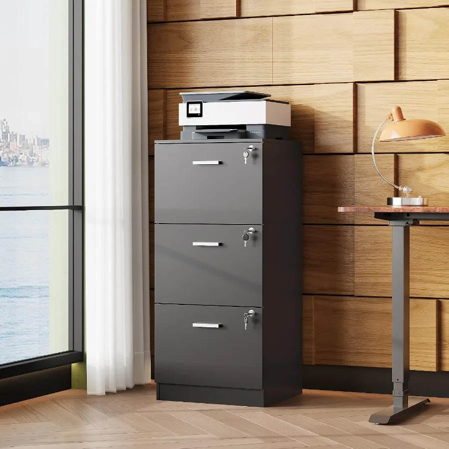 Office Wood File Cabinet With 3 Drawers And Lock, Printer Stand, Natural Finish, Heavy-Duty Construction For Secure Document St