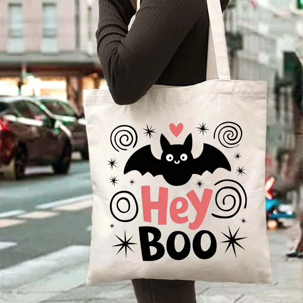Hey Boo Halloween Canvas Tote Bag Cute Bat Heart Star Print Reusable Shopping Shoulder Handbag Holiday Gift