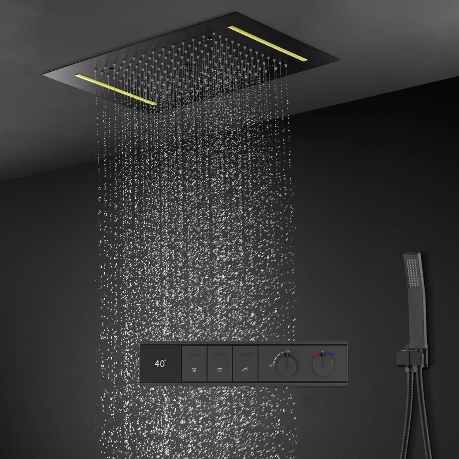 

Digital Shower Set Ceiling Rain Shower Head LED Black Thermostatic Mixing Valve
