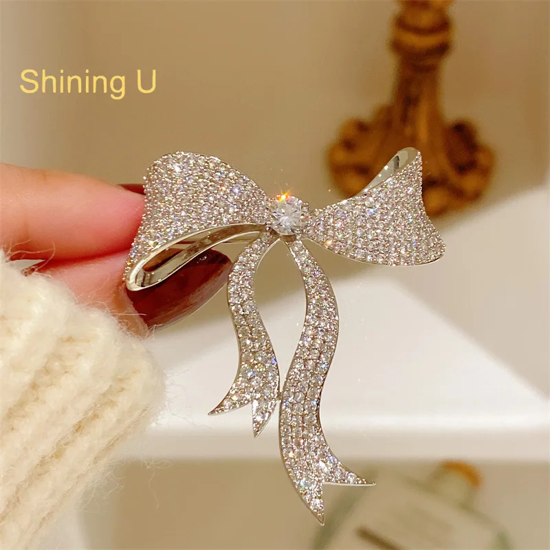 

Shining U Full Zircon Gems Bowknot Brooch for Women Fashion Overcoat Accessory Gift