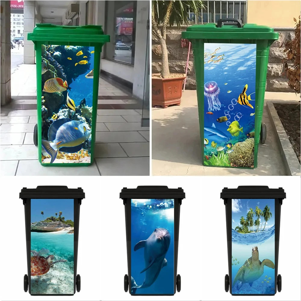 Rubbish Bin Stickers Decorative Adhesive Tape Vinyl Marine Animal Sea Turtle Outdoor Trash Can Sticker Dustbin Waterproof Murals