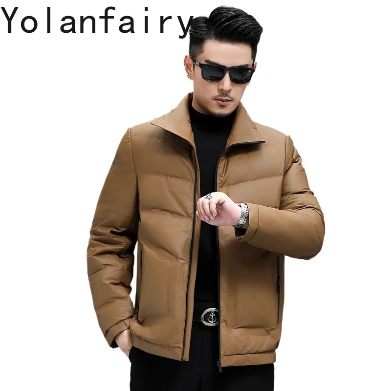 

YOLANFAIRY Верхний слой из воловьей кожи, пуховое пальто, мужская зимняя короткая теплая куртка из 100% натуральной коровьей кожи, мужские пуховики с воротником-стойкой, 2025 г.