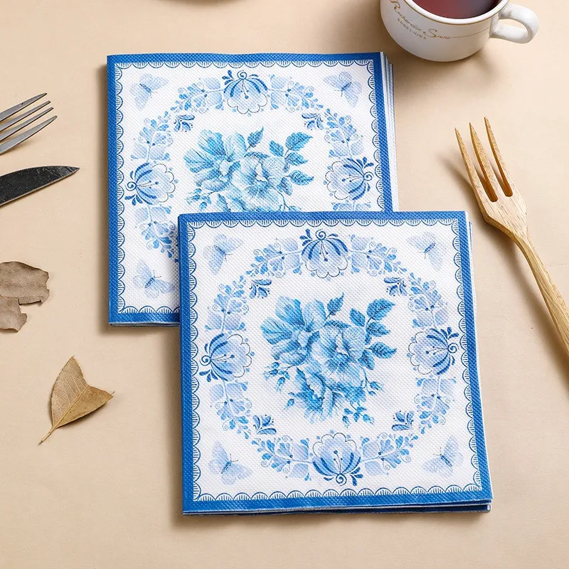 20Pcs/pack Blue Flower Series Paper Cocktail Square Dinner Napkins For Wedding Birthday Baby Shower Decoration