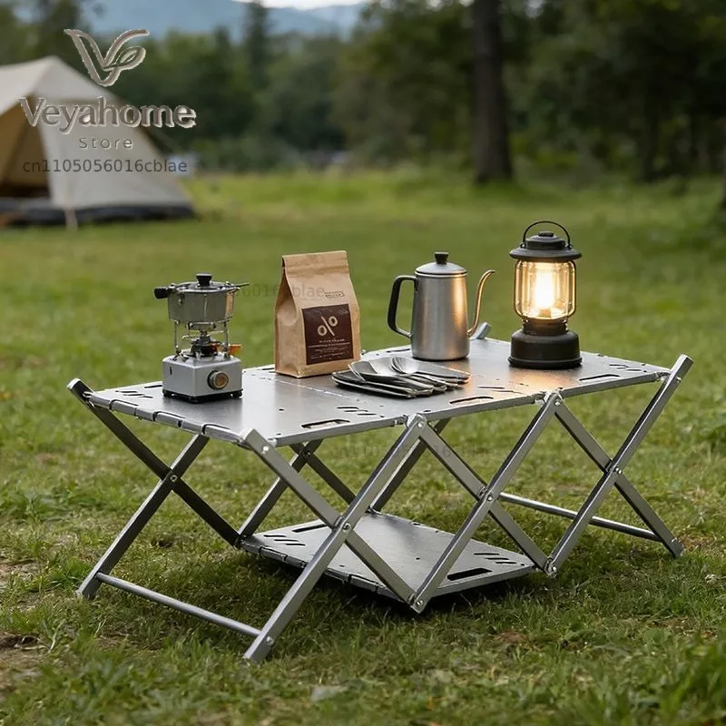Stainless Steel Camping Table Portable Folding Adjustable Storage Rack Outdoor Picnic Table Multifunctional BBQ Hiking Tables